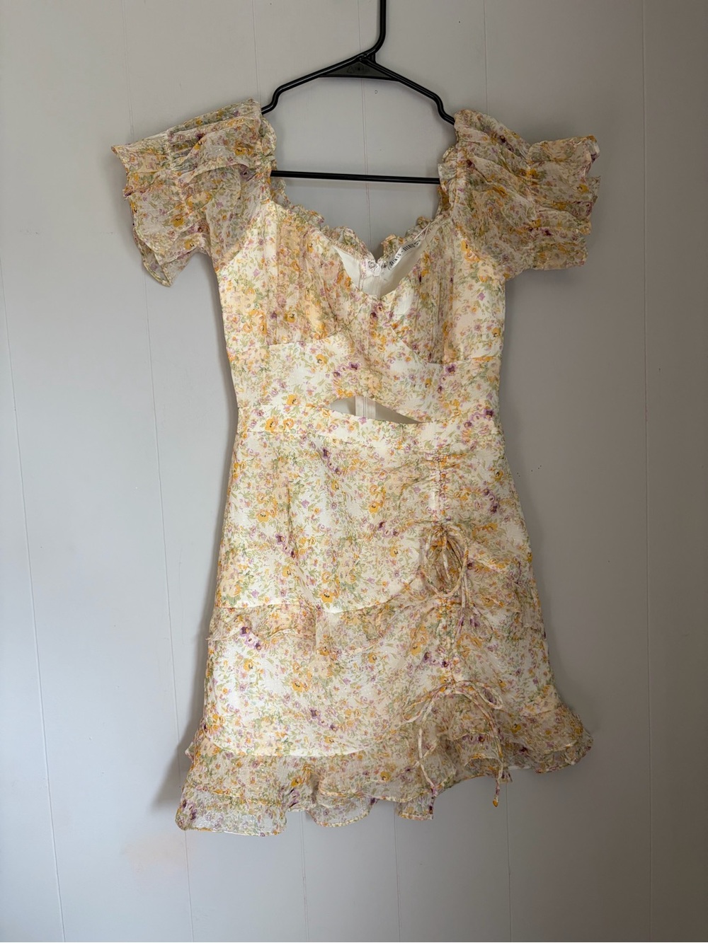 Selfie Leslie Floral Ruffle Mini Dress in Cream and Yellow